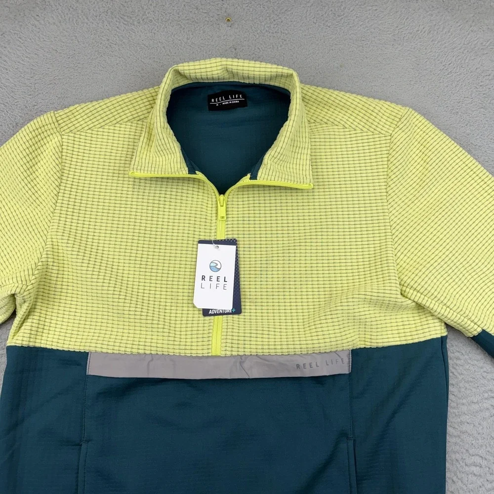 Reel Life Pullover Mens Medium Green Sunny Lime Grid Fleece‎ Quarter Zip Top